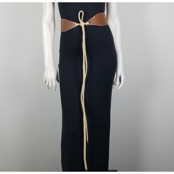 Lafayette 148 Brown Leather Bohemian Luxury Jute Tie Obi Wide Waist Belt Size M